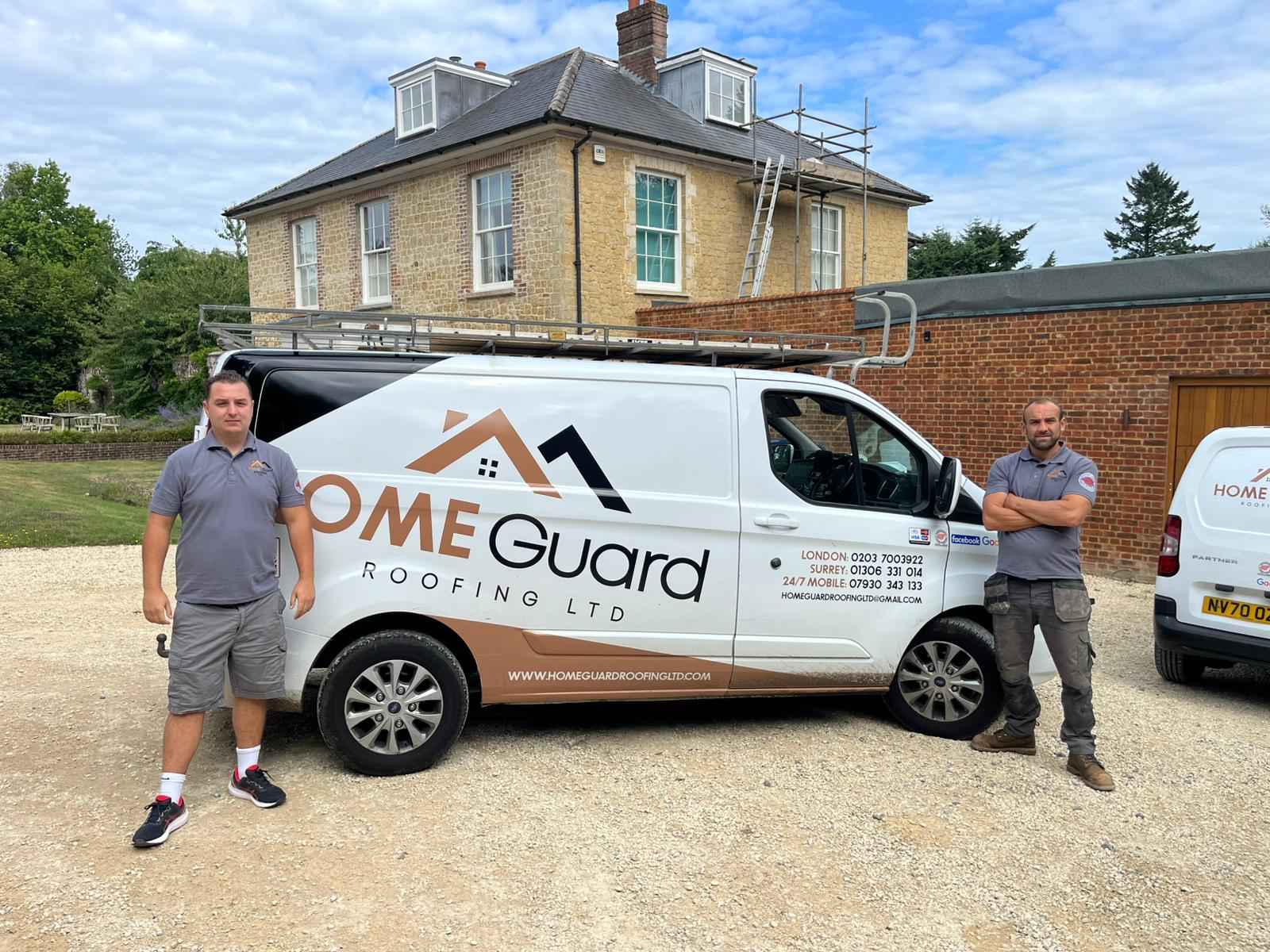 HomeGuard Roofing team and signage van outside a Surrey property